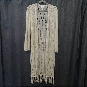 Chicos Long Duster Cardigan Sweater with Bottom Fringe